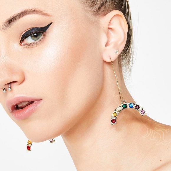 Dolls Kill Jewelry - Dolls Kill Rainbow Rhinestone Dangle Hoop Earrings
